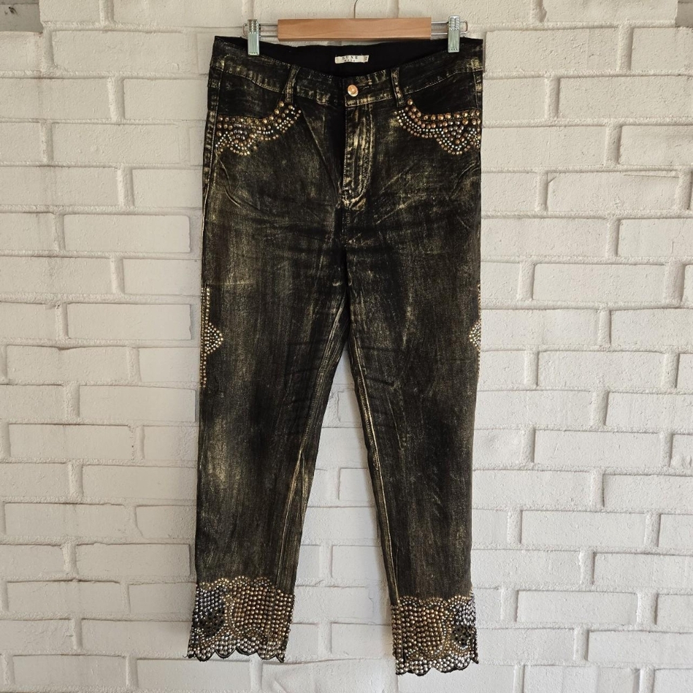 Luxe Moda Embellished Studded jeans Black & Gold Glam Sz 12